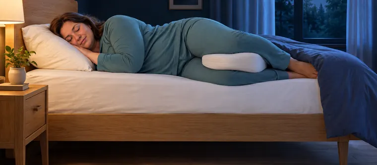 Woman sleeping on her side with a knee pillow between her knees to ease lower back pain