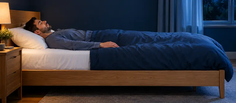 Man sleeping on his back in bed with arms resting at his sides