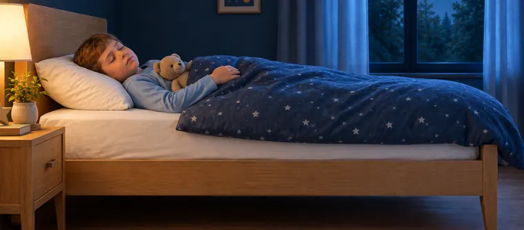 Boy sleeping on his back with a teddy bear in a child's bed