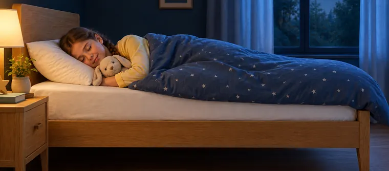 Girl sleeping on her side hugging a plush bunny under a starry duvet