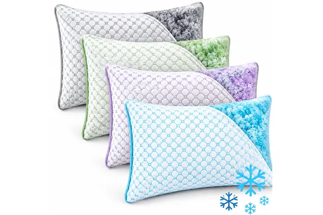Four adjustable shredded memory foam cooling pillows with cutaways showing the foam fill