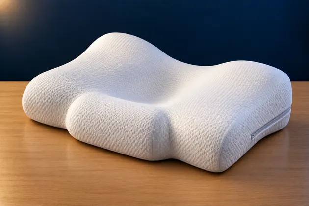 White ergonomic cervical memory foam pillow with a center head dip, raised side wings and a neck roll