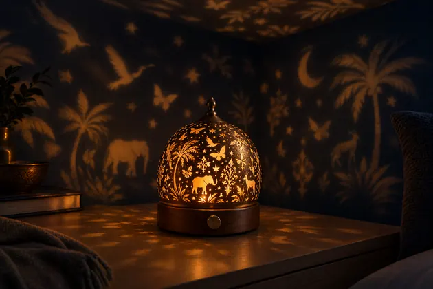 Pierced brass night light projecting soft silhouettes of animals, palms, birds and stars onto the wall