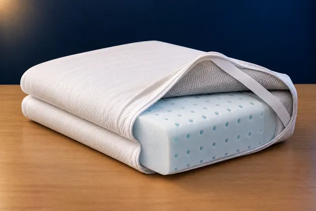 Folded gel memory foam mattress topper with its white cover opened to show ventilated blue gel foam