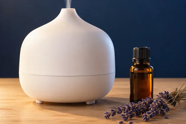 White aroma diffuser with lavender essential oil and dried lavender