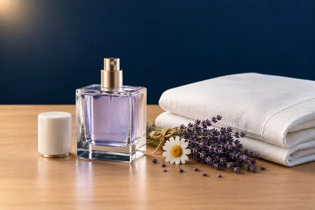 Luxury square glass pillow mist bottle with a gold spray nozzle, lavender and a folded white pillowcase