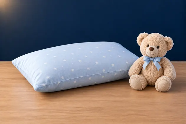 Low kids pillow in a pale blue starry pillowcase with a teddy bear