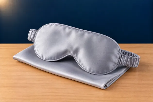 Soft silver-grey silk sleep eye mask with an elastic band on a matching silk pillowcase
