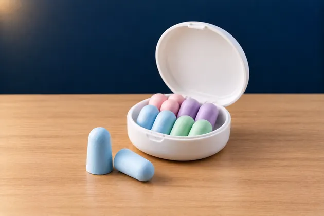 Soft foam sleep earplugs in pastel colors with a white travel case
