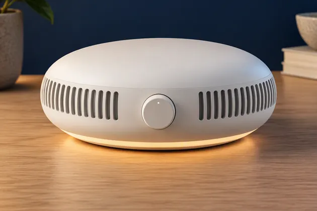 Round white noise machine with a single dial and a soft night glow