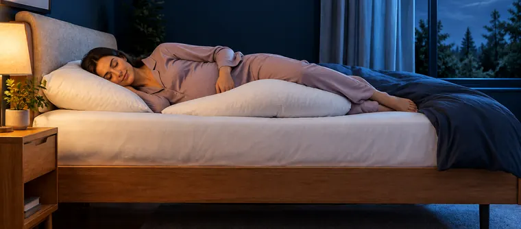 Pregnant woman sleeping on her side with a long pregnancy pillow along her body