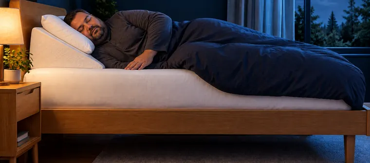 Man sleeping on his side with his upper body raised on a wedge pillow to reduce snoring